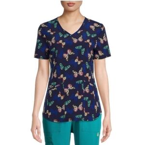 Scrubstar Size Large Navy Blue Butterfly Print Scrub Top